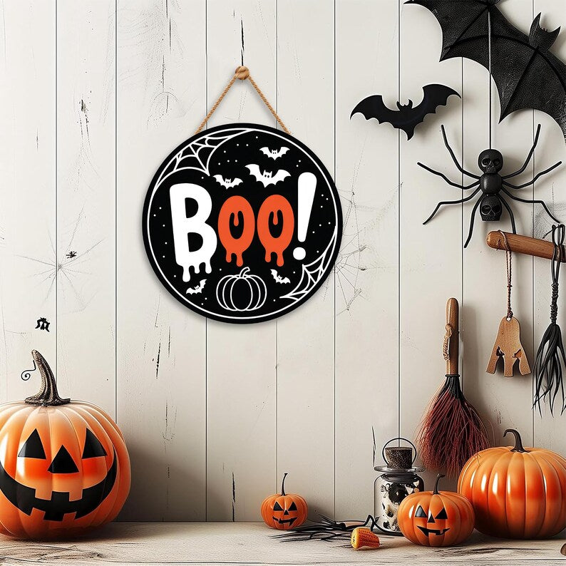 Halloween Felt Hanging Signs 12", Happy Halloween Door Decor, Trick or Treat Wall Plaque with Pumpkin, Witch, Ghost, Black Cat, Bat