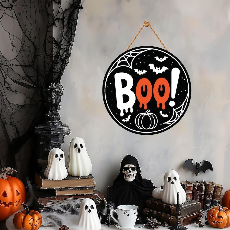 Halloween Felt Hanging Signs 12", Happy Halloween Door Decor, Trick or Treat Wall Plaque with Pumpkin, Witch, Ghost, Black Cat, Bat