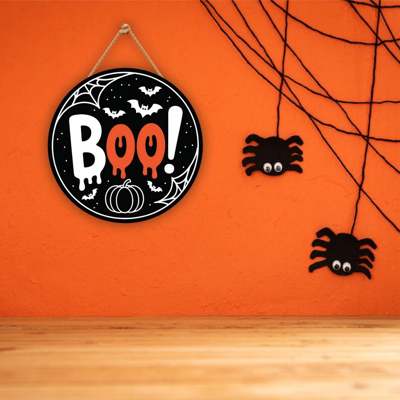 Halloween Felt Hanging Signs 12", Happy Halloween Door Decor, Trick or Treat Wall Plaque with Pumpkin, Witch, Ghost, Black Cat, Bat