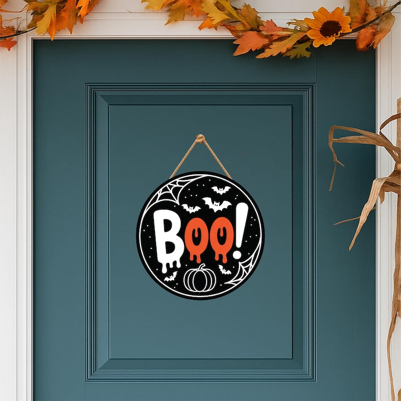 Halloween Felt Hanging Signs 12", Happy Halloween Door Decor, Trick or Treat Wall Plaque with Pumpkin, Witch, Ghost, Black Cat, Bat