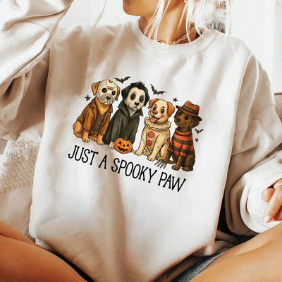Just a Spooky Paw Sweatshirt, Halloween Dog SweatShirt, Retro Halloween Characters SweatShirt