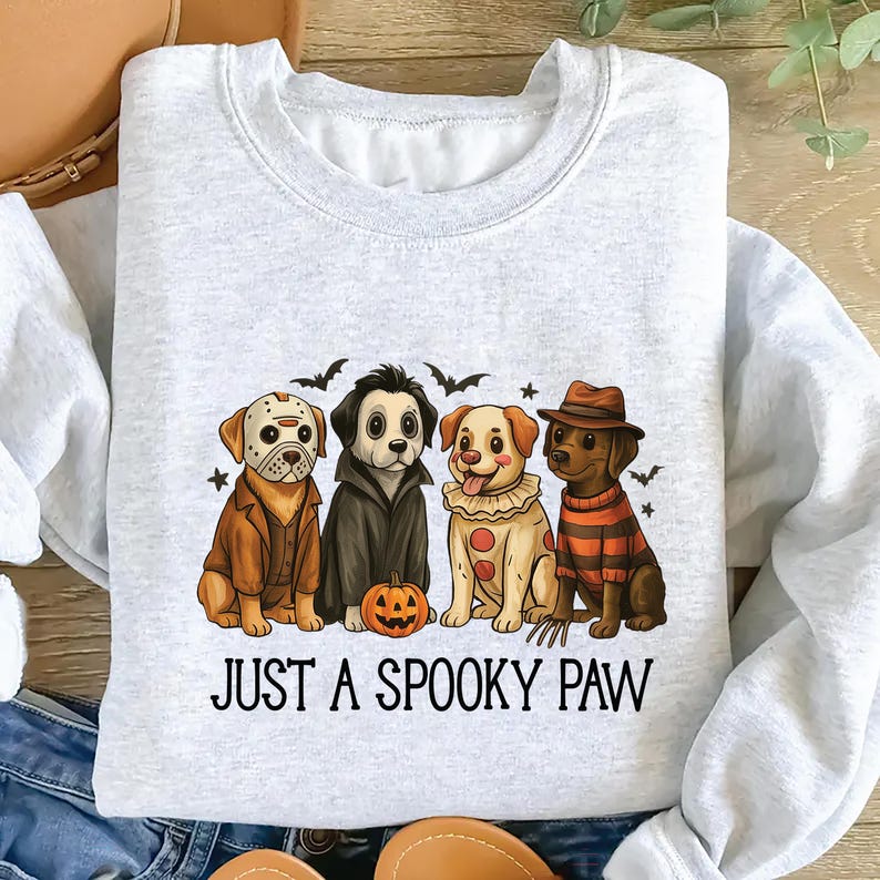 Just a Spooky Paw Sweatshirt, Halloween Dog SweatShirt, Retro Halloween Characters SweatShirt