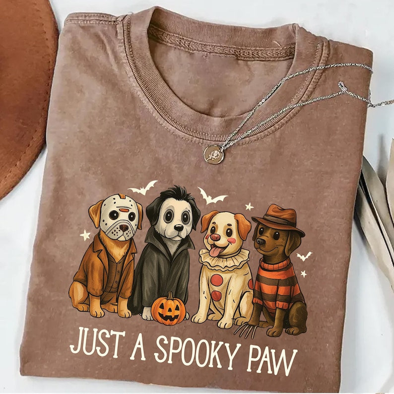 Just a Spooky Paw Short Sleeve Shirt, Halloween Dog Short Sleeve Shirt, Retro Halloween Characters Tee, Dog Mama Short Sleeve Shirt