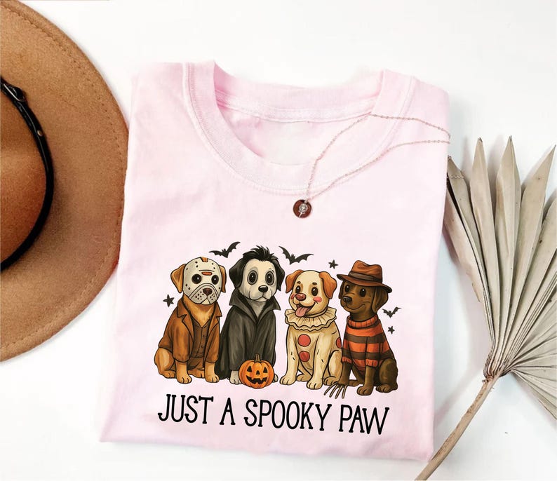 Just a Spooky Paw Short Sleeve Shirt, Halloween Dog Short Sleeve Shirt, Retro Halloween Characters Tee, Dog Mama Short Sleeve Shirt