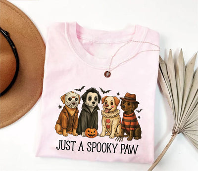 Just a Spooky Paw Short Sleeve Shirt, Halloween Dog Short Sleeve Shirt, Retro Halloween Characters Tee, Dog Mama Short Sleeve Shirt