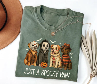 Just a Spooky Paw Short Sleeve Shirt, Halloween Dog Short Sleeve Shirt, Retro Halloween Characters Tee, Dog Mama Short Sleeve Shirt