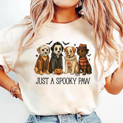 Just a Spooky Paw Short Sleeve Shirt, Halloween Dog Short Sleeve Shirt, Retro Halloween Characters Tee, Dog Mama Short Sleeve Shirt