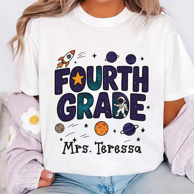 Outer Space Teacher Short Sleeve Shirt, Galaxy 4th Grade Short Sleeve Shirt, Planet 5th Grade Tee, First Day of School Unisex Short Sleeve Shirt