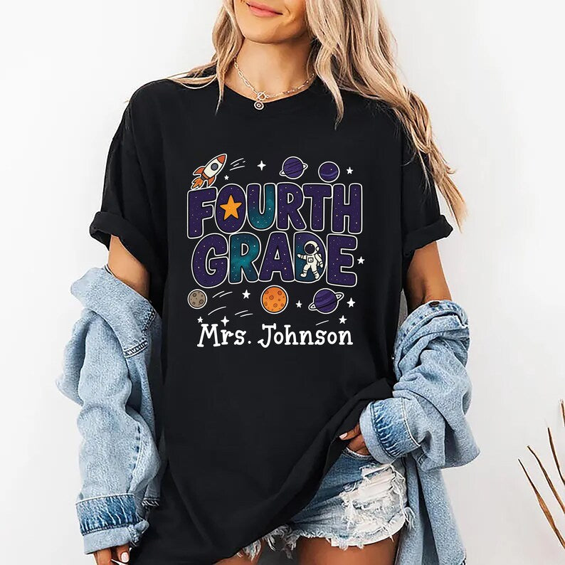 Outer Space Teacher Short Sleeve Shirt, Galaxy 4th Grade Short Sleeve Shirt, Planet 5th Grade Tee, First Day of School Unisex Short Sleeve Shirt