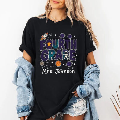 Outer Space Teacher Short Sleeve Shirt, Galaxy 4th Grade Short Sleeve Shirt, Planet 5th Grade Tee, First Day of School Unisex Short Sleeve Shirt