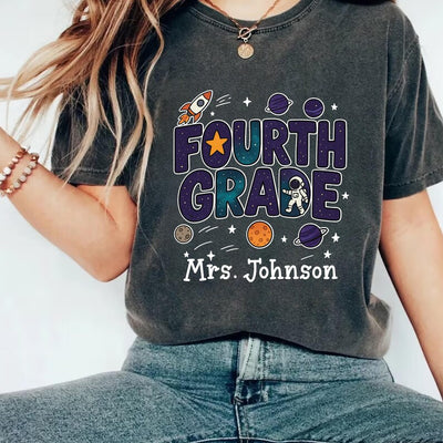 Outer Space Teacher Short Sleeve Shirt, Galaxy 4th Grade Short Sleeve Shirt, Planet 5th Grade Tee, First Day of School Unisex Short Sleeve Shirt