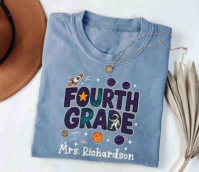 Outer Space Teacher Short Sleeve Shirt, Galaxy 4th Grade Short Sleeve Shirt, Planet 5th Grade Tee, First Day of School Unisex Short Sleeve Shirt
