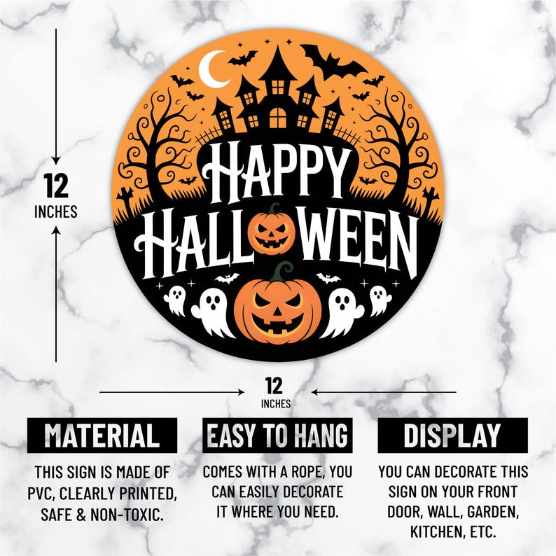 Happy Halloween Door Sign 12", Spooky Pumpkin Porch Decor for Home, Ghost Witch Front Door Sign, Cute Halloween House Decoration