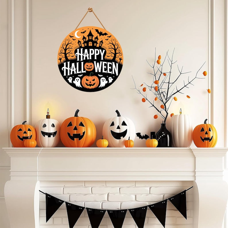 Happy Halloween Door Sign 12", Spooky Pumpkin Porch Decor for Home, Ghost Witch Front Door Sign, Cute Halloween House Decoration