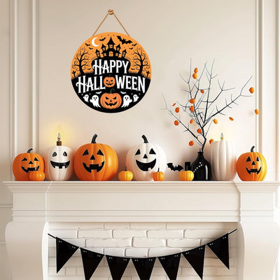 Happy Halloween Door Sign 12", Spooky Pumpkin Porch Decor for Home, Ghost Witch Front Door Sign, Cute Halloween House Decoration