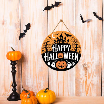 Happy Halloween Door Sign 12", Spooky Pumpkin Porch Decor for Home, Ghost Witch Front Door Sign, Cute Halloween House Decoration