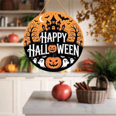 Happy Halloween Door Sign 12", Spooky Pumpkin Porch Decor for Home, Ghost Witch Front Door Sign, Cute Halloween House Decoration