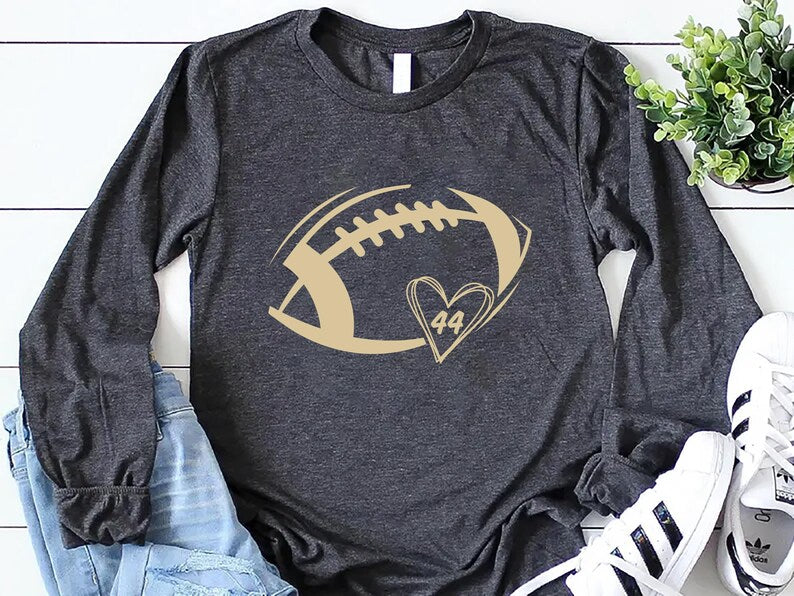 Football Heart Long Sleeve Shirt, Custom Football Mom Game Day Long Sleeve Shirt, Women’s Football Season Unisex Team Spirit Long Sleeve Shirt