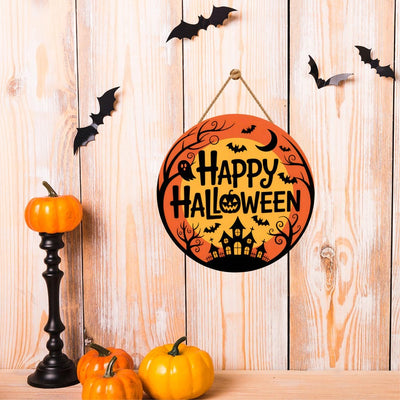 Happy Halloween Door Sign 12", Spooky Pumpkin Porch Decor for Home, Ghost Witch Front Door Sign, Cute Halloween House Decoration