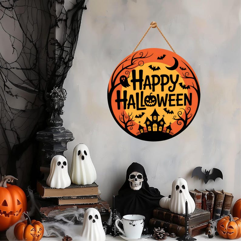 Happy Halloween Door Sign 12", Spooky Pumpkin Porch Decor for Home, Ghost Witch Front Door Sign, Cute Halloween House Decoration