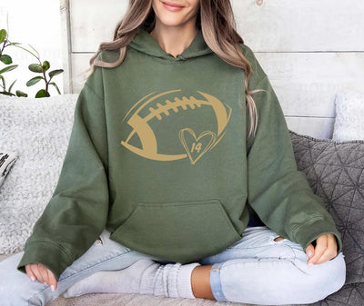 Football Heart Hoodie, Custom Football Mom Game Day Hoodie, Women’s Football Season Hoodie