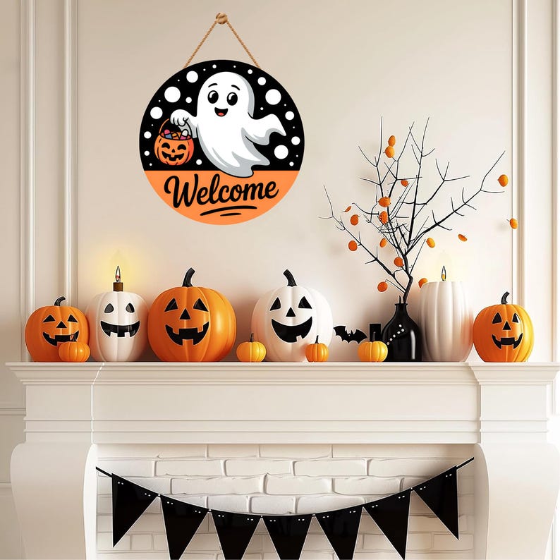 Halloween Welcome Door Sign 12", Cute Ghost Hanging Front Door Decor, Indoor Wall Sign, Spooky Halloween Home Entryway Decoration