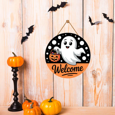 Halloween Welcome Door Sign 12", Cute Ghost Hanging Front Door Decor, Indoor Wall Sign, Spooky Halloween Home Entryway Decoration