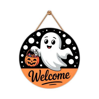 Halloween Welcome Door Sign 12", Cute Ghost Hanging Front Door Decor, Indoor Wall Sign, Spooky Halloween Home Entryway Decoration