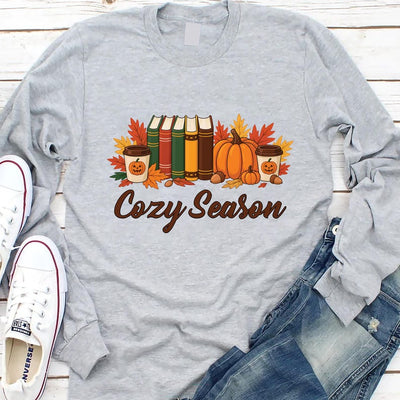 Cozy Season Fall Long Sleeve Shirt, Cute Autumn Crewneck Long Sleeve Shirt, Cozy Fall Graphic Long Sleeve Shirt