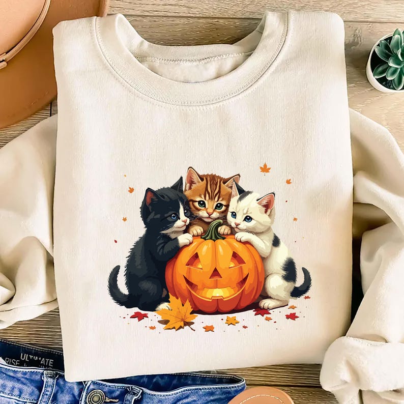 Vintage 90s Cat Halloween Sweatshirt, Retro Black Cat Pumpkin SweatShirt, Spooky Season SweatShirt