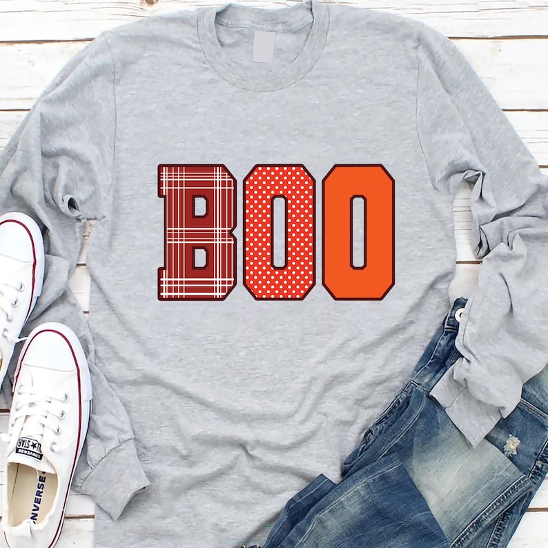 Boo Halloween Long Sleeve Shirt, Spooky Fun Fall Crewneck Long Sleeve Shirt, Autumn Halloween Long Sleeve Shirt