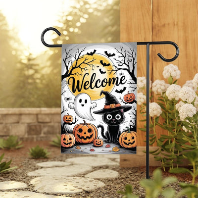 Welcome Halloween Garden Flag, Spooky Black Cat Ghost Pumpkin Yard Flag, Funny Small Fall Outdoor Decor, Holiday Cosplay Party Flag