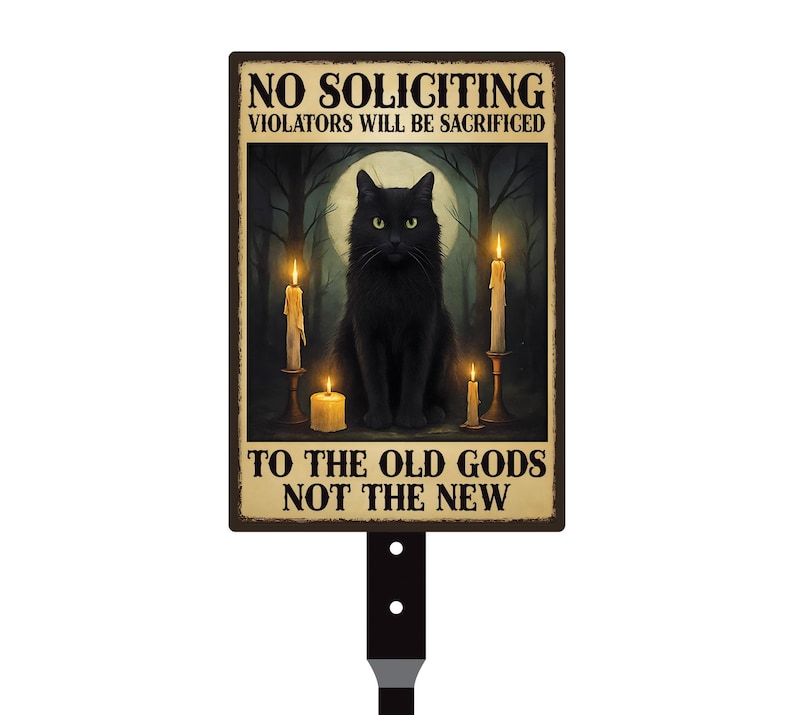Gothic Black Cat No Soliciting Halloween Yard Sign with 16" Stake, Rust-Free Aluminum Spooky Witchy Garden Decor, Outdoor Haunted House Sign