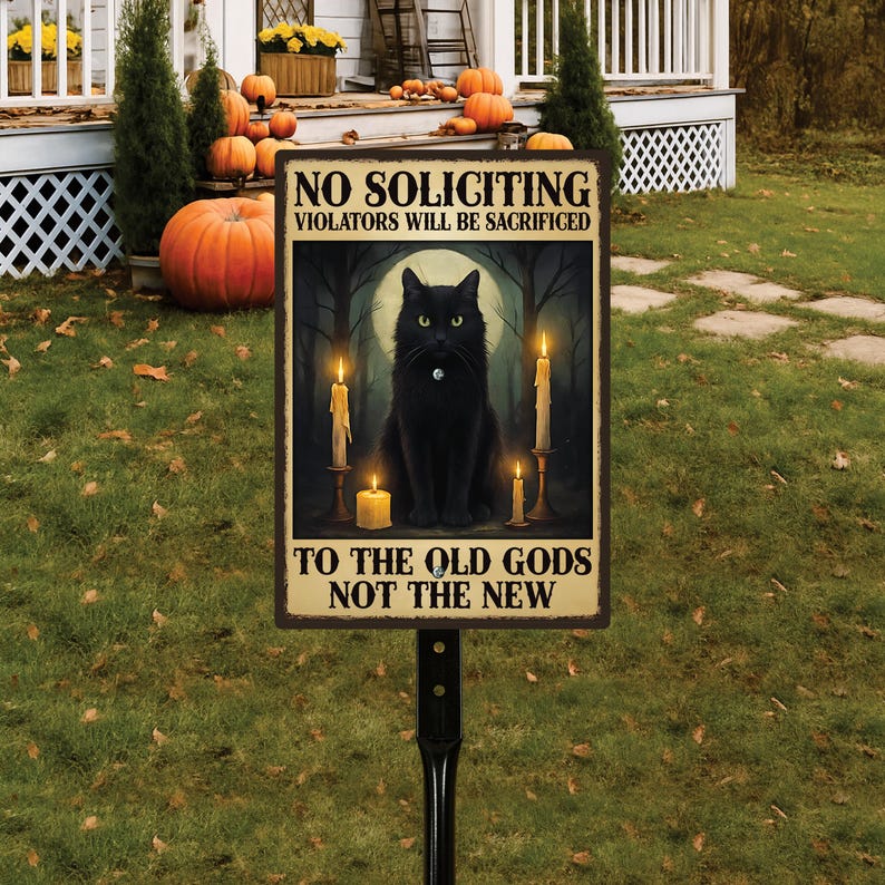 Gothic Black Cat No Soliciting Halloween Yard Sign with 16" Stake, Rust-Free Aluminum Spooky Witchy Garden Decor, Outdoor Haunted House Sign