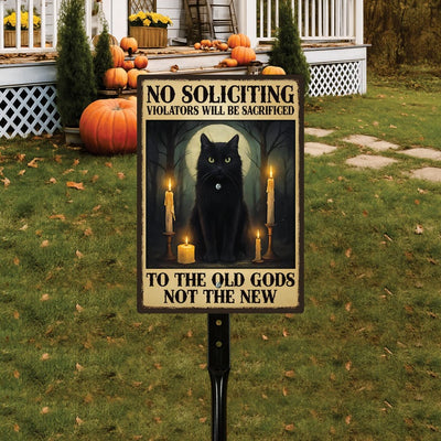 Gothic Black Cat No Soliciting Halloween Yard Sign with 16" Stake, Rust-Free Aluminum Spooky Witchy Garden Decor, Outdoor Haunted House Sign