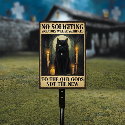 Gothic Black Cat No Soliciting Halloween Yard Sign with 16" Stake, Rust-Free Aluminum Spooky Witchy Garden Decor, Outdoor Haunted House Sign