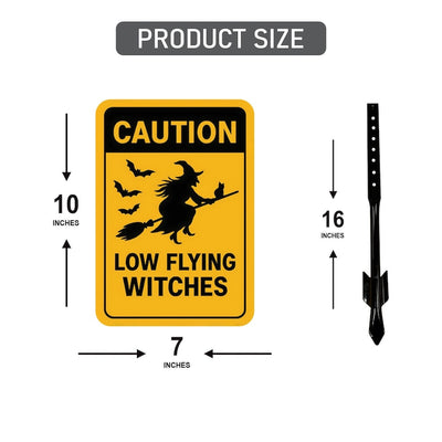 Caution Low Flying Witches Halloween Yard Sign with 16" Stake, Rust-Free Aluminum Witch Broom Garden Decoration, Outdoor Spooky Party Sign