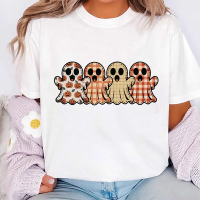 Preppy Floral Ghost Short Sleeve Shirt, Fall Ghost Tee, Autumn Girly Graphic Short Sleeve Shirt, Tis The Season Halloween Short Sleeve Shirt