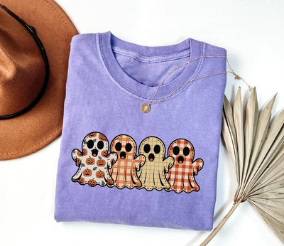 Preppy Floral Ghost Short Sleeve Shirt, Fall Ghost Tee, Autumn Girly Graphic Short Sleeve Shirt, Tis The Season Halloween Short Sleeve Shirt