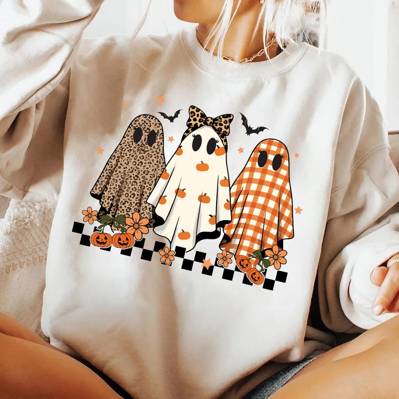 Trendy Leopard Pumpkin Ghost Sweatshirt, Halloween Girly Ghost SweatShirt, Retro Checkered Ghosts SweatShirt