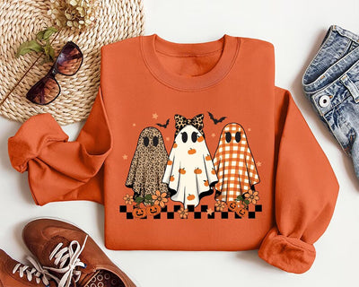 Trendy Leopard Pumpkin Ghost Sweatshirt, Halloween Girly Ghost SweatShirt, Retro Checkered Ghosts SweatShirt