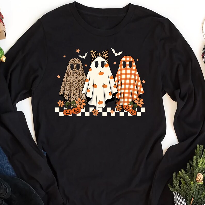 Trendy Leopard Pumpkin Ghost Long Sleeve Shirt, Halloween Girly Ghost Long Sleeve Shirt, Retro Checkered Ghosts Long Sleeve Shirt
