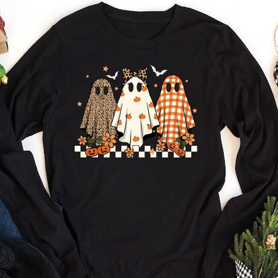 Trendy Leopard Pumpkin Ghost Long Sleeve Shirt, Halloween Girly Ghost Long Sleeve Shirt, Retro Checkered Ghosts Long Sleeve Shirt