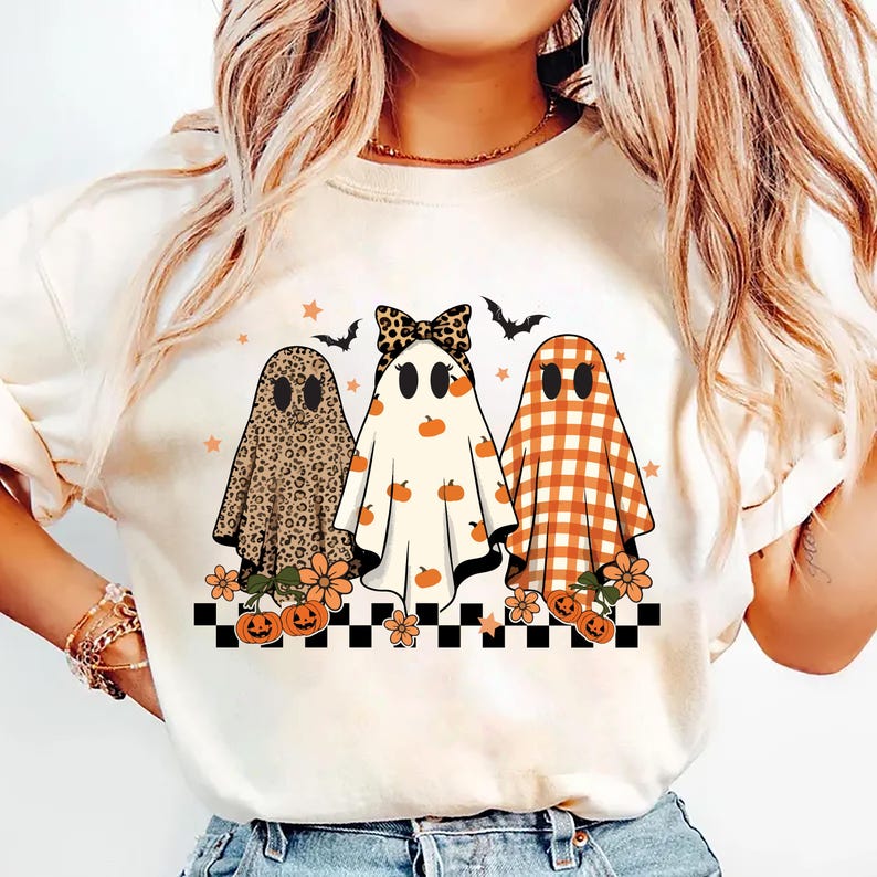 Trendy Leopard Pumpkin Ghost Short Sleeve Shirt, Halloween Girly Ghost Tee, Retro Checkered Ghosts Short Sleeve Shirt
