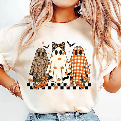 Trendy Leopard Pumpkin Ghost Short Sleeve Shirt, Halloween Girly Ghost Tee, Retro Checkered Ghosts Short Sleeve Shirt