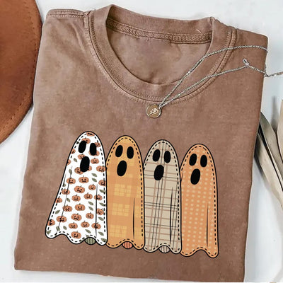 Preppy Floral Ghost Short Sleeve Shirt, Fall Ghost Tee, Autumn Girly Graphic Short Sleeve Shirt, Tis The Season Halloween Short Sleeve Shirt