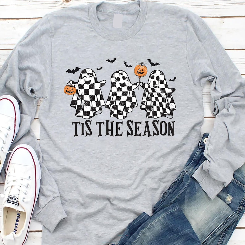 Retro Ghosts Tis The Season Long Sleeve Shirt, Checkered Halloween Ghost Long Sleeve Shirt, Trendy Fall Cute Ghost Long Sleeve Shirt