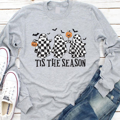 Retro Ghosts Tis The Season Long Sleeve Shirt, Checkered Halloween Ghost Long Sleeve Shirt, Trendy Fall Cute Ghost Long Sleeve Shirt