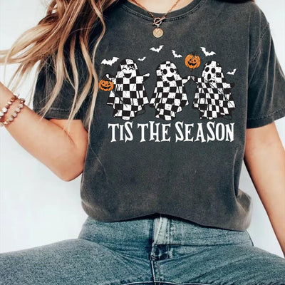 Retro Ghosts Tis The Season Short Sleeve Shirt, Checkered Halloween Ghost Tee, Trendy Fall Cute Ghost Short Sleeve Shirt