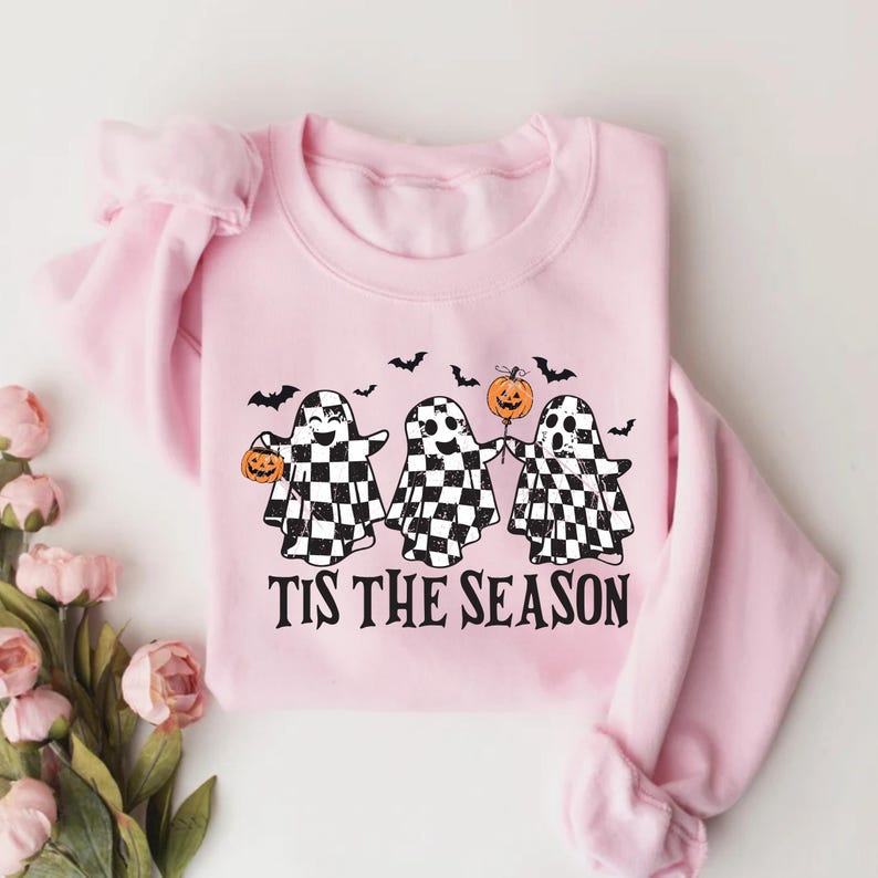 Retro Ghosts Tis The Season Sweatshirt, Checkered Halloween Ghost SweatShirt, Trendy Fall Cute Ghost SweatShirt